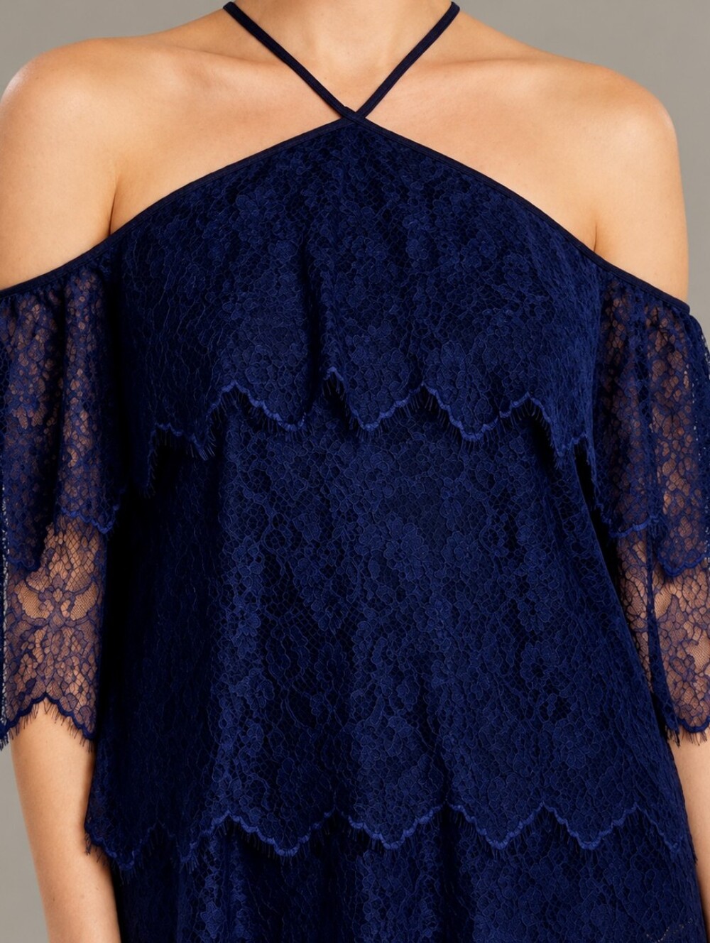 WHBM Size Small Navy Tiered Lace Cold-Shoulder Halter Top